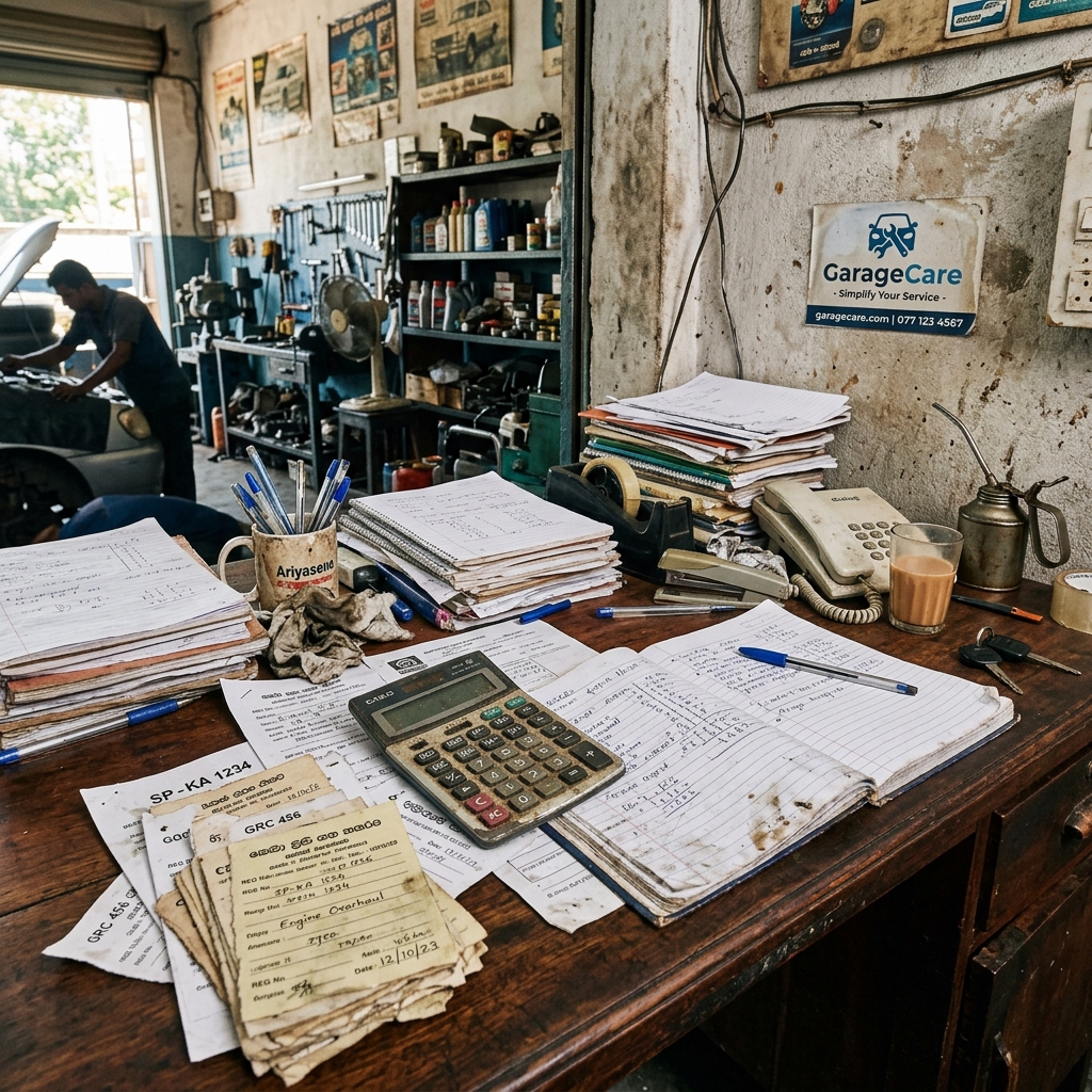 Traditional messy Sri Lankan garage desk